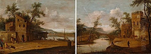 Flodlandskap Med Byggnader Och Figurer (pair) - view 1