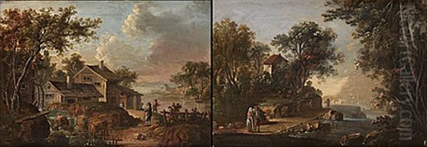 Flodlandskap Med Byggnader Och Figurer (+ Another Similar; Pair) - view 1