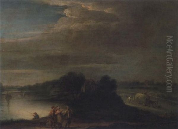 Flodlandskap Med Figurer Och Byggnader - view 1