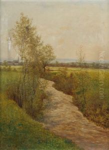 Wiesenlandschaft An Der Aich Mit Blick Auf Die Laurentiuskirche Nurtingen Und Den Albzug by Julius Kornbeck