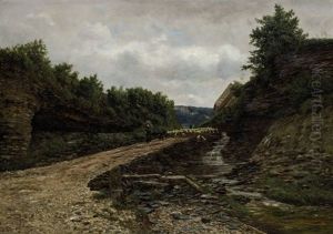 Schafer Mit Seiner Herde Auf Dem Heimweg by Julius Kornbeck