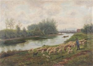 Schafer Mit Seiner Herde Am Neckar Vor Esslingen by Julius Kornbeck