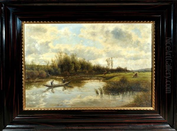 Fischer Am Fluss Mit Weidenden Kuhen - view 1