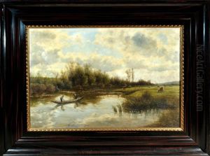 Fischer Am Fluss Mit Weidenden Kuhen by Julius Kornbeck