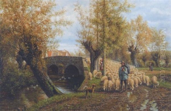 Hirte Mit Schafherde An Weidengesaumten Fluss - view 1