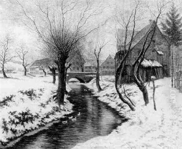 Fluslandschaft Im Winter, Felder Und Das Kleine Stadtchen (nurtingen?) Vom Schnee Bedeckt - view 1