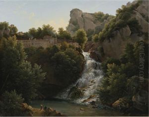 A Landscape With A Waterfall, A Mountain Village At The Edge Of The Cliff by Augustin Bec