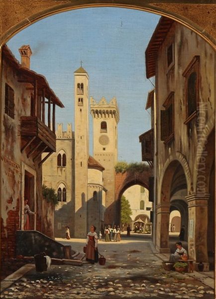 Italian Street Scene With A Church And People Gathering Near The Market - view 1