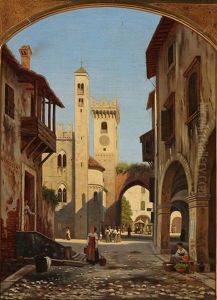 Italian Street Scene With A Church And People Gathering Near The Market by Peter Kornbeck