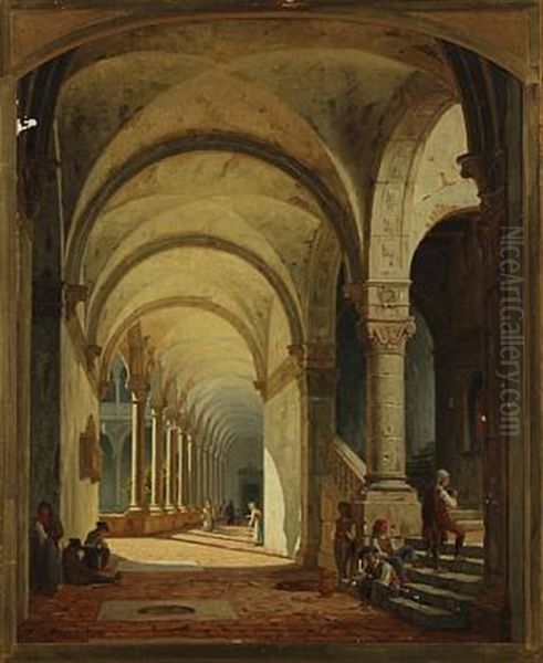Cloister With Natural Light From The Garden, In The Forground Several Beggars - view 1