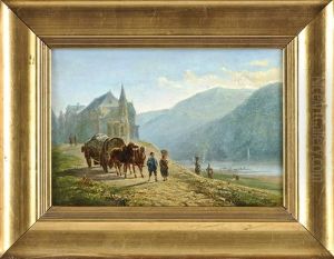Von Bergen Gesaumte Fluslandschaft Mit Bauern U. Kirchbau Im Hintergrund