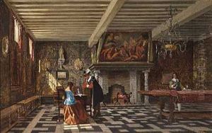 Renaessanceinterior Med Herre Og Dame Omkring Et Bord Renaessanceinterior Med Herre Og Dame Omkring Et Bord