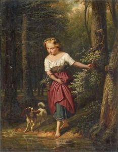 Girl Crossing A Stream by Friedrich Rudolf Albert Korneck