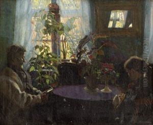 Interieur Mit Ehepaar An Einem Mittsommerabend by Valdemar Kornerup