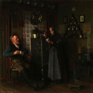 Interior With A Peasant Couple Drinking Coffee by Valdemar Kornerup