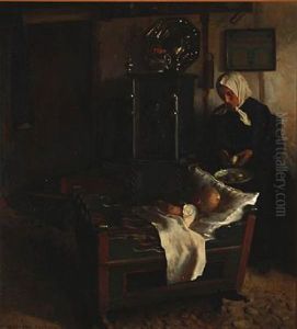 Country Interior With A Woman And A Child by Valdemar Kornerup