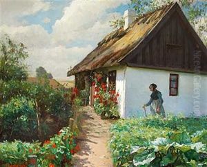 Blomstrende Rode Stokroser Udenfor Et Hvidkalket Bondehus by Valdemar Kornerup