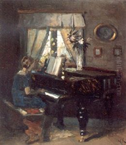 Interior Med Klaverspillende Pige by Valdemar Kornerup