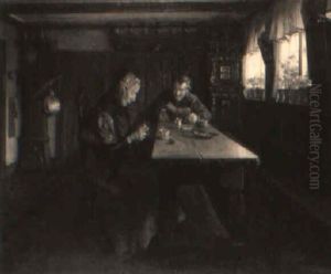 Bondestueinterior Med Kone Der Strikker Og Mand Der L+ser I En Bog by Valdemar Kornerup