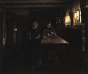 Allmogeinteri"r Med Kvinna Och Man Vid Bord by Valdemar Kornerup