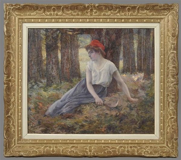 Junge Bauerin Mit Rotem Kopftuch Auf Waldlichtung - view 1
