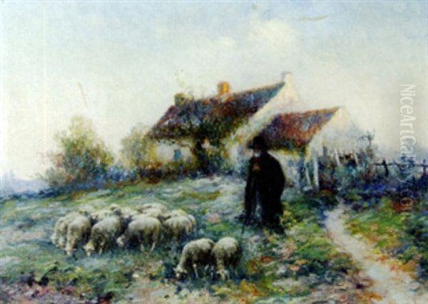 Berger Et Son Troupeau Devant La Ferme - view 1