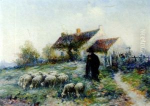 Berger Et Son Troupeau Devant La Ferme by Michel Korochansky