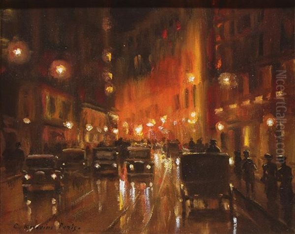 Street Scene At Night With Automobiles - view 1