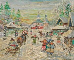 Festive Village Scene In Snow