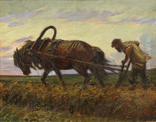 Figure Plowing Fields At Sunset - view 1