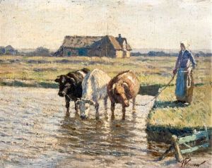 Bauerin, Die Ochsen Trankend by Franz Korwan