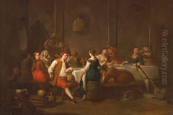 A Banqueting Scene With Numerous Figures Gathered Around A Table - view 1