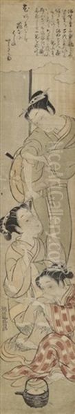Hashira-e, Trois Oiran, L"une Buvant Une Coupe A Sake - view 1