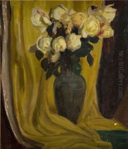 Still Life - Yellow Roses Against A Drapery by Stanislaus von Korzeniewski