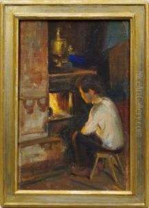 Study Of A Boy By A Fireplace by Stanislaus von Korzeniewski