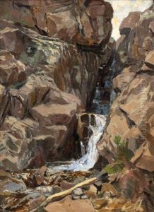 Waterfall Running Through Rock Canyon by Emil Kosa Sr.