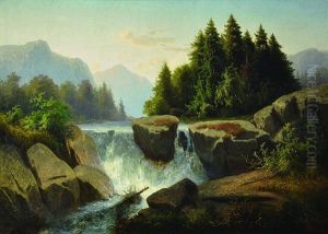 Mountain Landscape With Waterfall by Adolf Kosarek