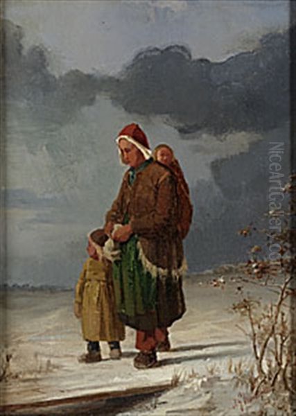 Vinterlandskap Med Mor Och Barn - view 1
