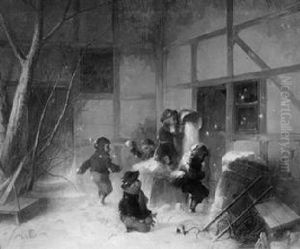 Winterfreuden - Im Hof Vor Einem Fachwerkhaus Funf Kinder Bei Einer Schneeballschlacht by Anders Gustav Koskull