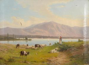 Sheep And Goats Grazing By A Lake by Alfonso Beccaluva