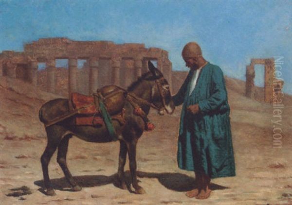 A Man Tending A Donkey In A Desert Landscape - view 1