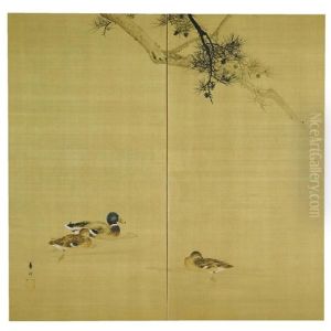 Three Ducks Wading In Water (two Fold Screen) by Suzuki Koson