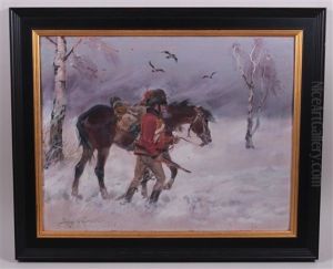 Soldat Mit Pferd In Rauer Winterlandschaft