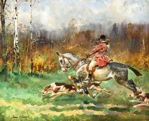 Jager In Sein Horn Blasend Reitet In Vollem Galopp Uber Eine Waldlichtung, Begleitet Von Einer Meute Jagdhunden by Jerzy Kossak