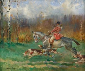 Reiter Mit Hunden Bei Der Parforcejagd by Jerzy Kossak