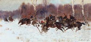 Winter Scene With Soldiers On Horseback by Jerzy Kossak