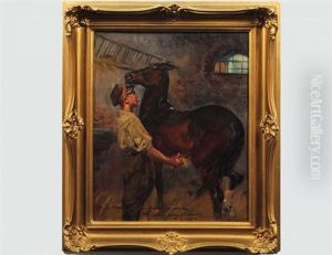 Soldier/uhlan Grooming His Horse In Barn