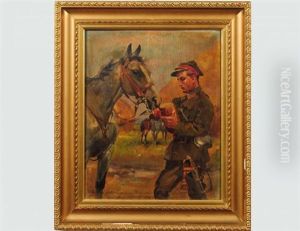 Soldier/uhlan Feeding His Horse Bread by Jerzy Kossak