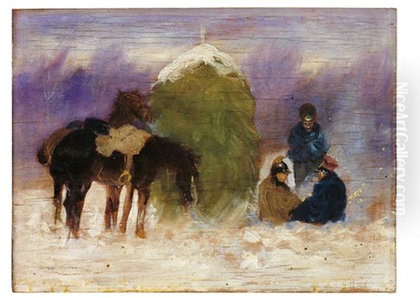 Kavalleristen Mit Pferden Lagern In Winterlandschaft - view 1