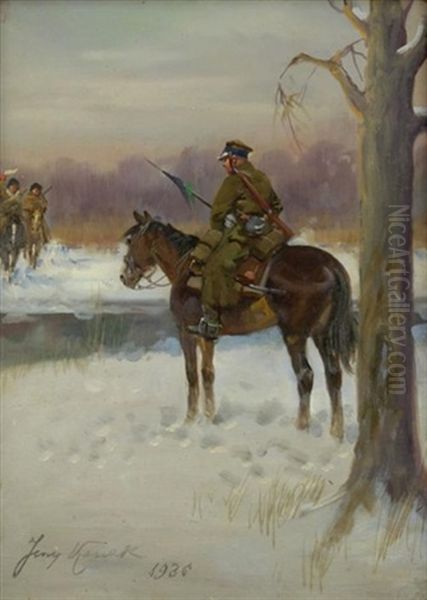 Soldaten Zu Pferde In Verschneiter Fluslandschaft - view 1